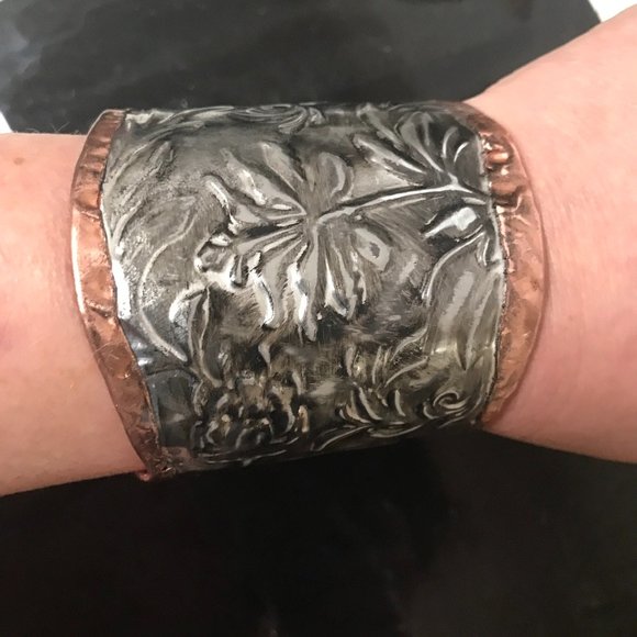 Conceptual Subculture Jewelry - Rose Floral Silver Copper Embossed Gladiator Cuff Wide Handmade Victorian Armor